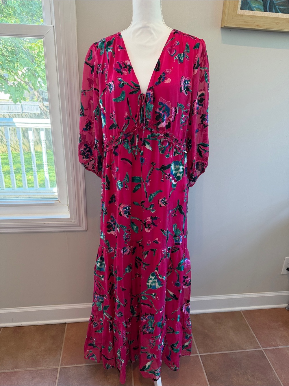 Tanya Taylor Fuchsia Floral Tie-Front Maxi Dress